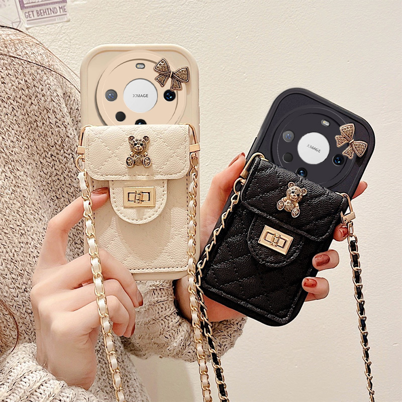 适用华为Mate60Pro手机壳ALN-AL80蝴蝶结小熊斜挎时尚保护套软胶