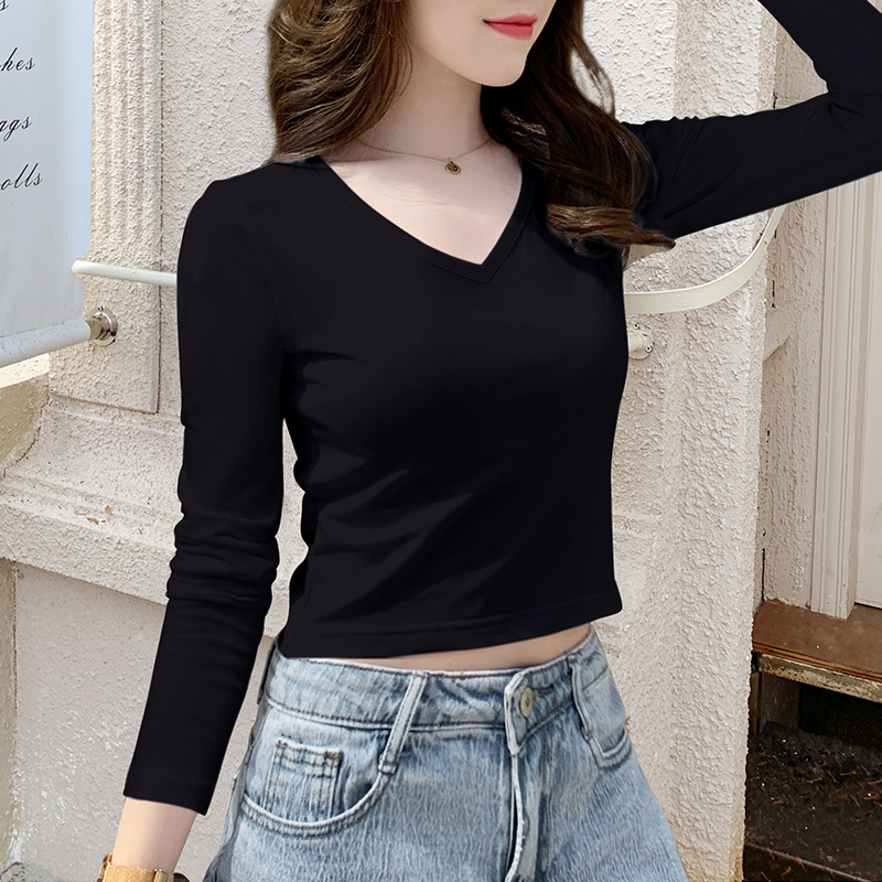 黑色v领短款t恤女长袖2025新款春秋棉质鸡心领高腰露脐显瘦上衣潮