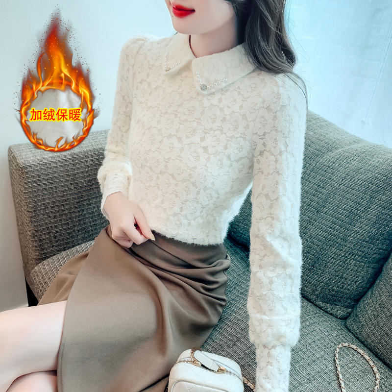 法式高级感轻奢蕾丝衫女士洋气打底衫气质加绒保暖内搭秋冬上衣服
