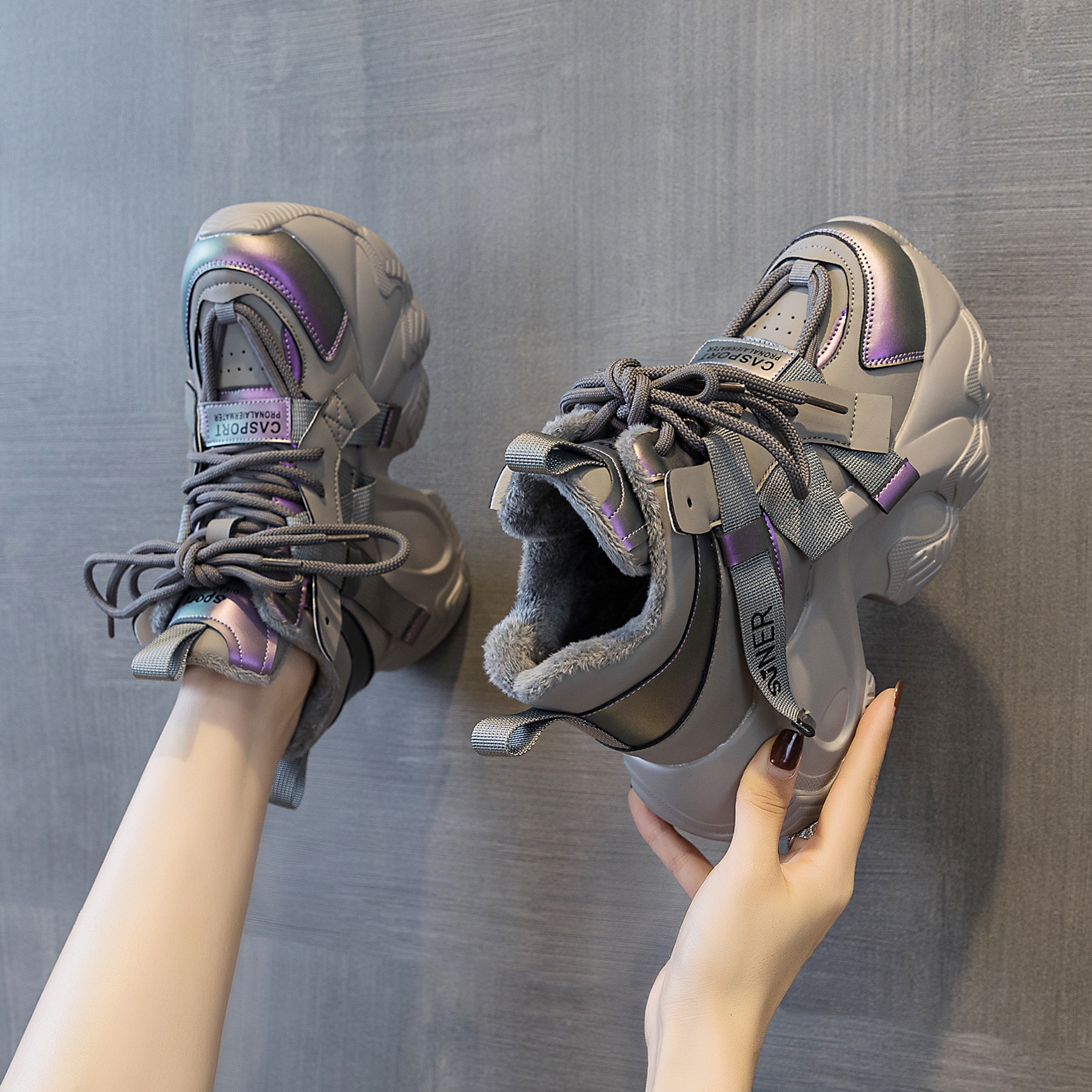 增高8CM冬季加绒老爹鞋女ins百搭拼色厚底休闲鞋真皮高帮运动棉鞋