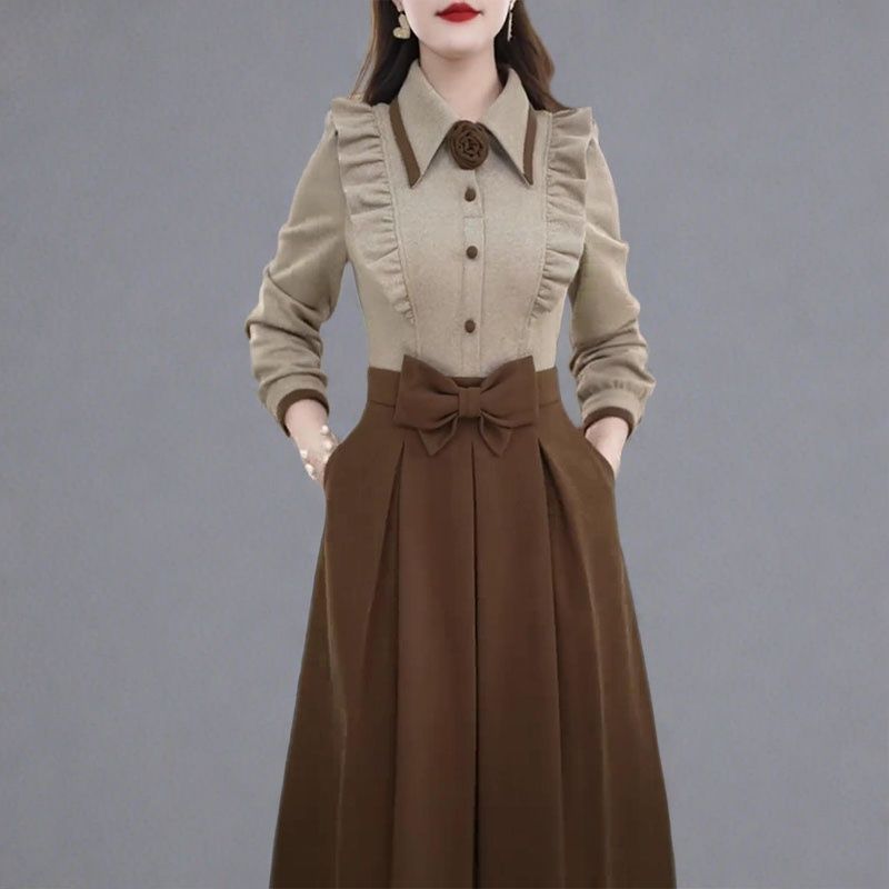 时尚复古长袖连衣裙女2026春季新款设计感拼接蝴蝶结中长款休闲裙