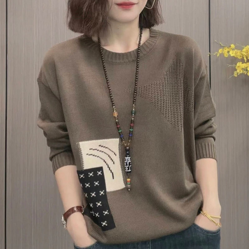 大码圆领撞色针织衫女秋冬提花复古毛衣宽松显瘦上衣百搭打底衫