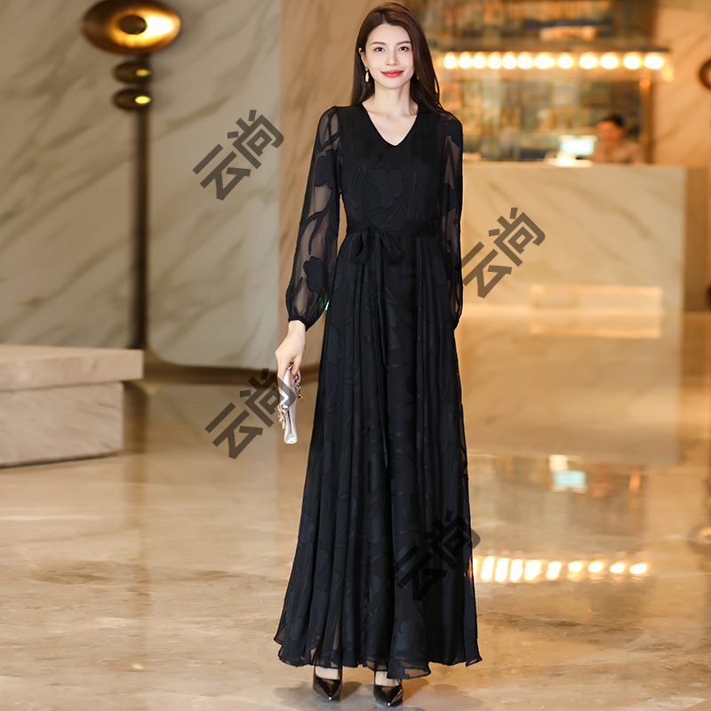 黑色长袖蝉翼纱法式气质大码显瘦收腰高级感长款过膝大摆裙2488