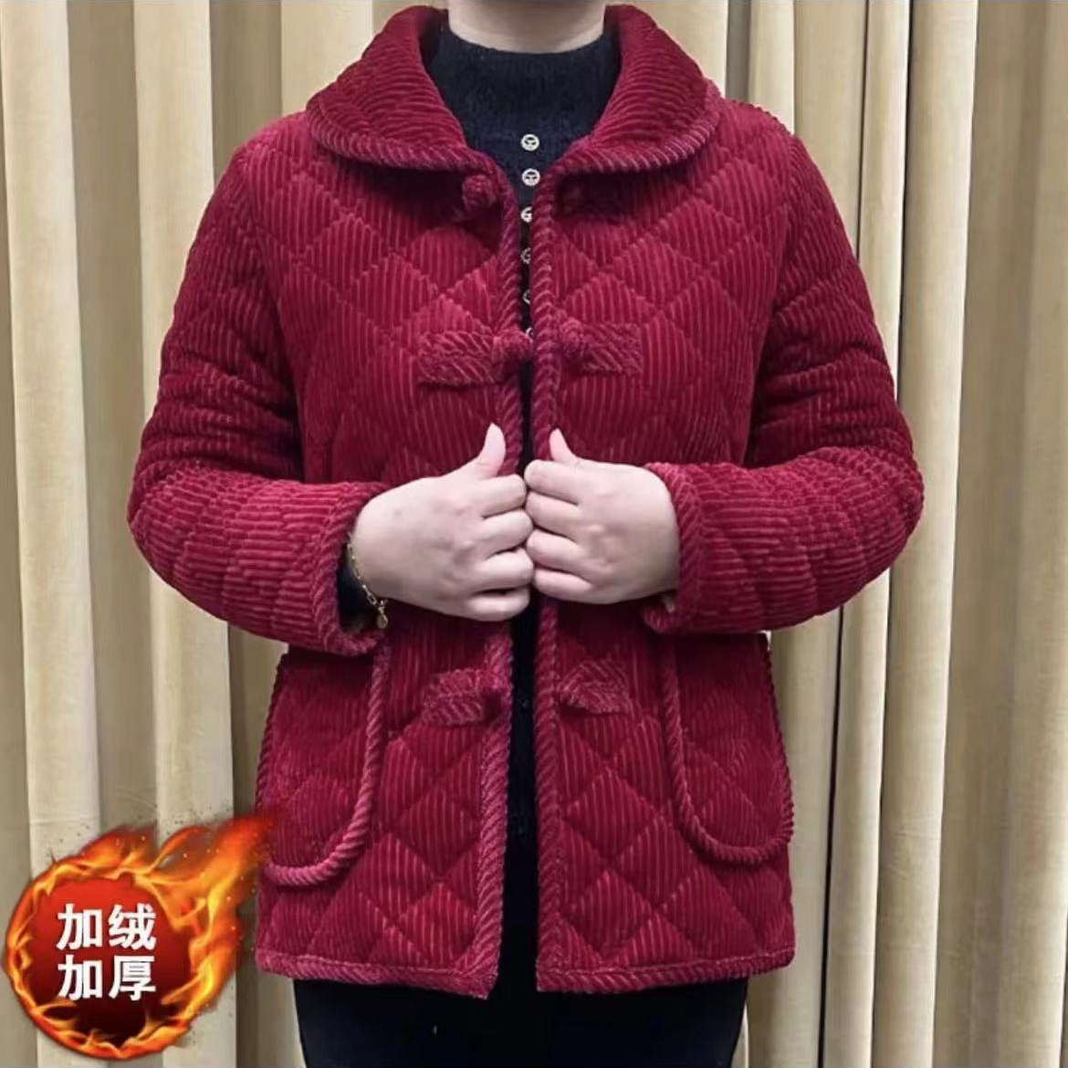 妈妈装冬装加绒加厚棉衣老年人中老年女装纯色秋冬保暖棉衣棉服