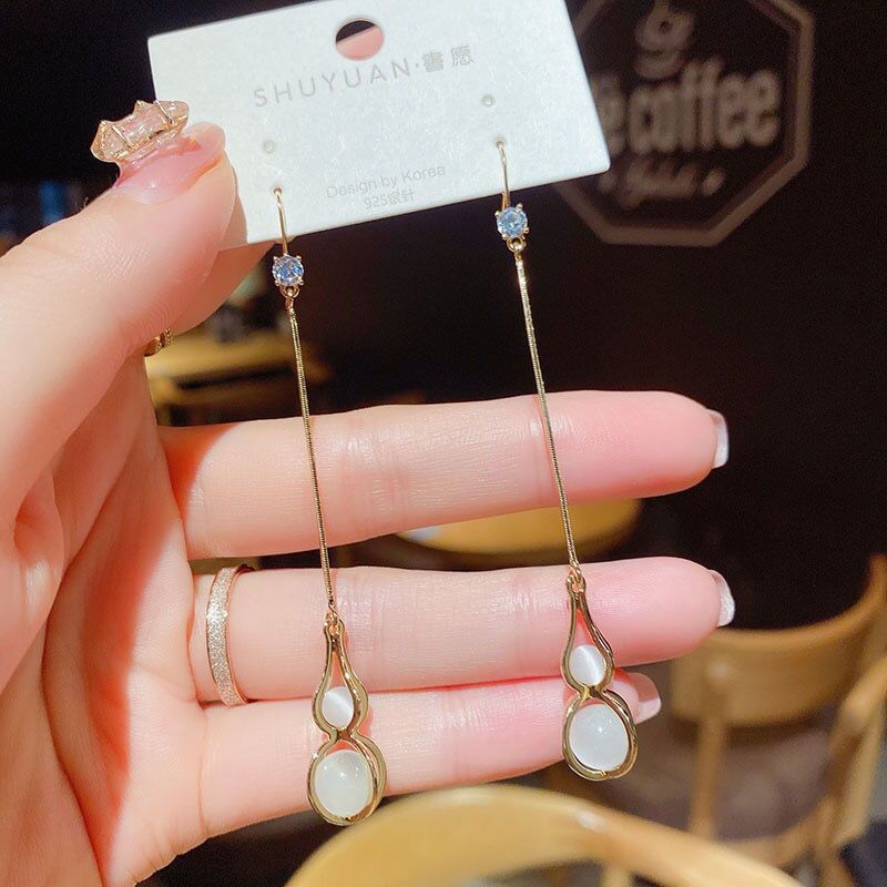 中国风葫芦长款流苏耳环2024新款复古气质猫石百搭耳饰品