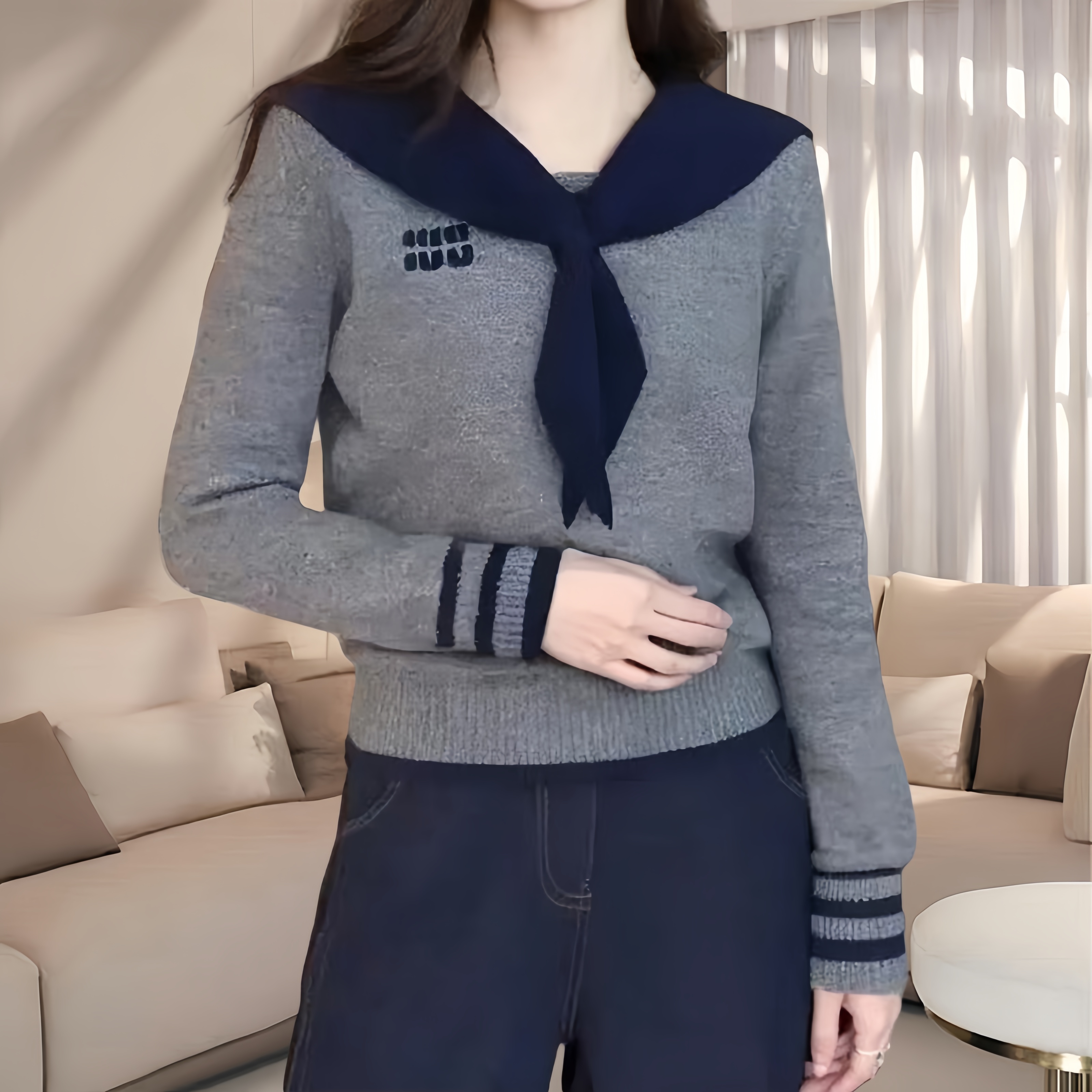 学院风海军领假两件刺绣字母针织衫新款时尚撞色打底毛衣长袖上衣