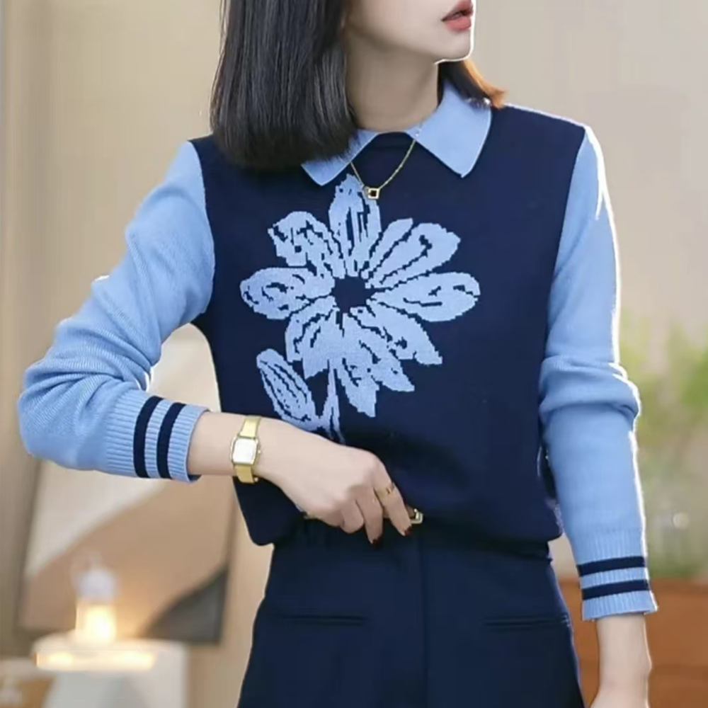 秋冬时尚假两件提花撞色毛针织衫新款感设计显瘦翻领打底套头上衣