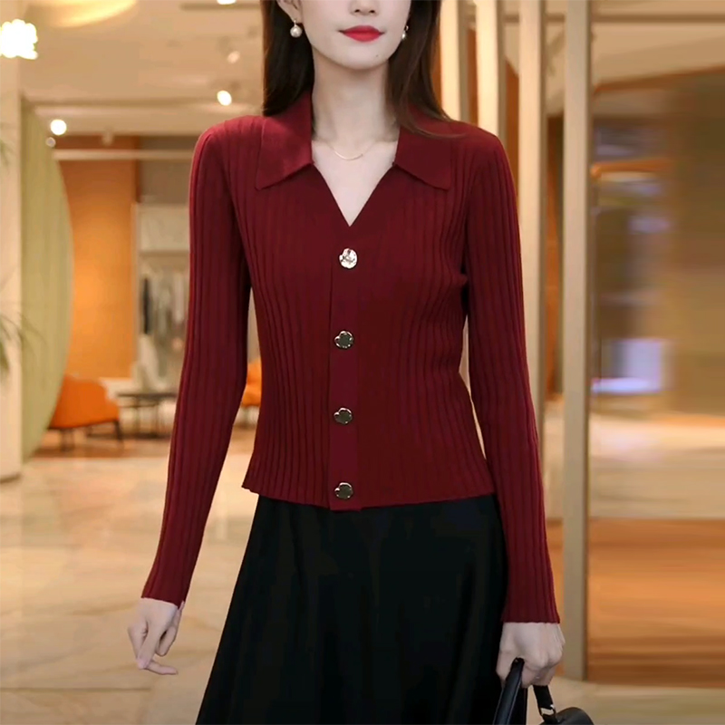 秋装新款时尚安可拉红polo领针织开衫女显瘦修身打底短款毛衣上衣