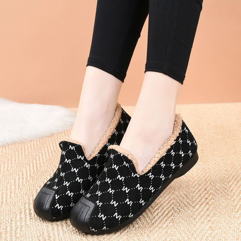 新款加绒豆豆鞋女冬季新款时尚保暖加厚一脚蹬休闲棉鞋防滑毛毛鞋