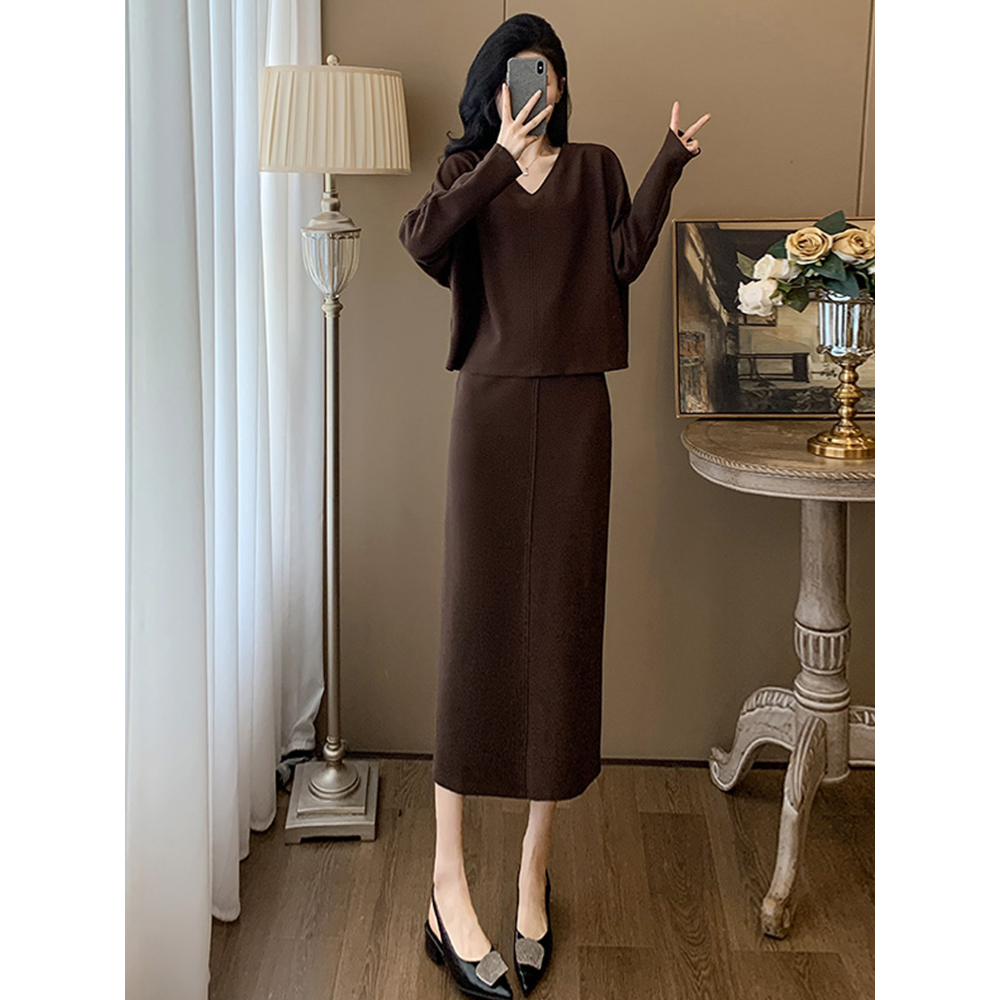 高级感一整套时尚套装女早秋V领长袖上衣开叉半身裙长裙两件套装