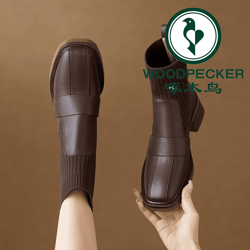 啄木鸟针织弹力短靴女2025年秋冬新款复古粗跟百搭拼接短筒马丁靴