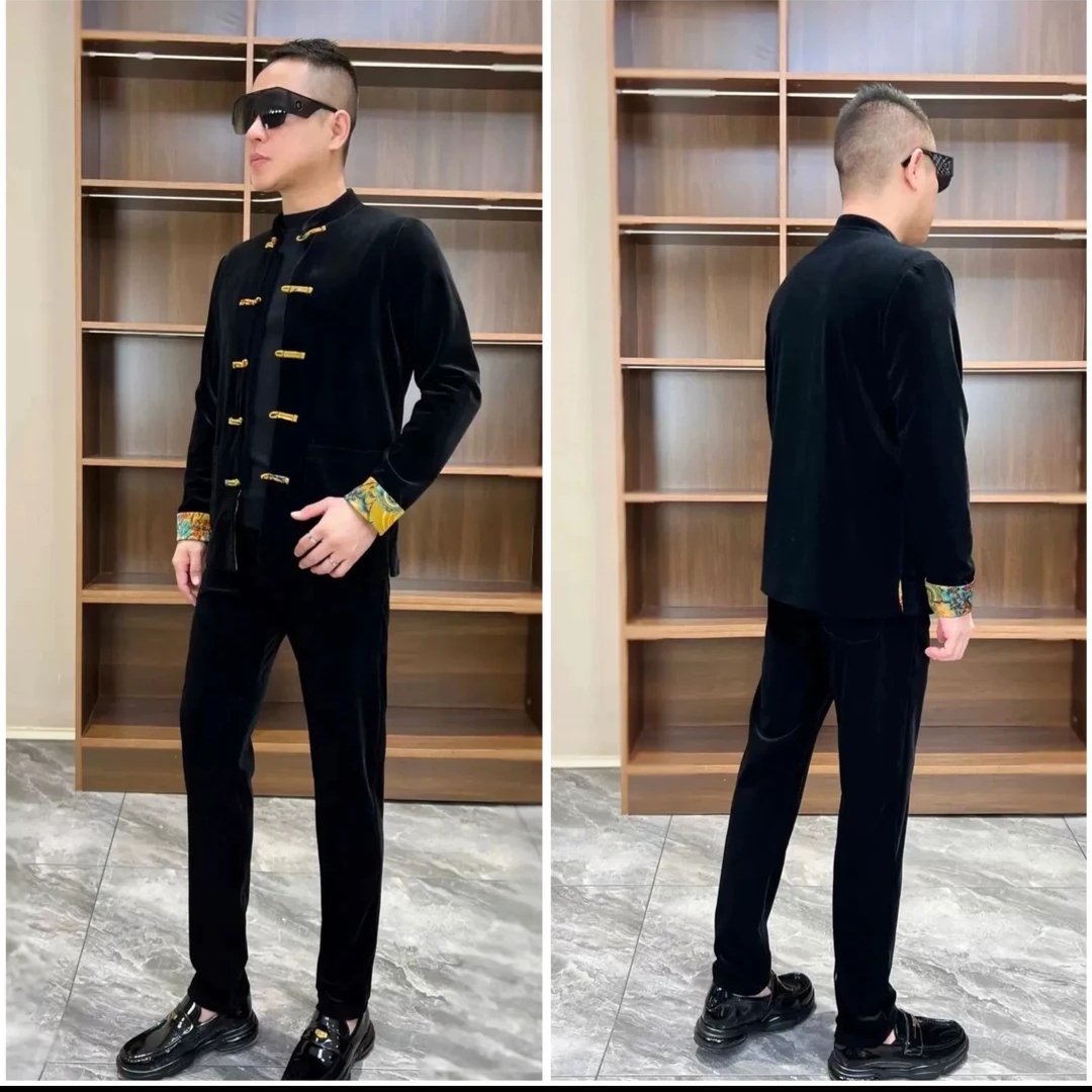 唐装两件套男2024春秋新款套装男中国风金丝绒盘扣修身休闲两件套