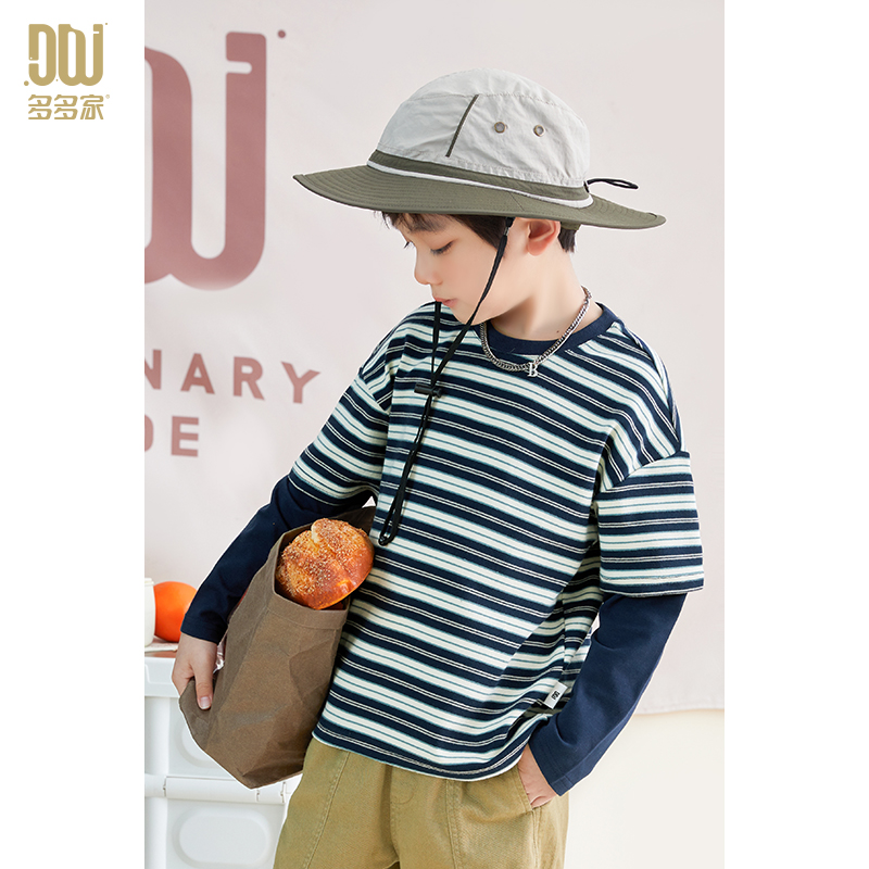 多多家6023 【有170.假两件条纹】中大童春秋经典洋气儿童厚长袖T