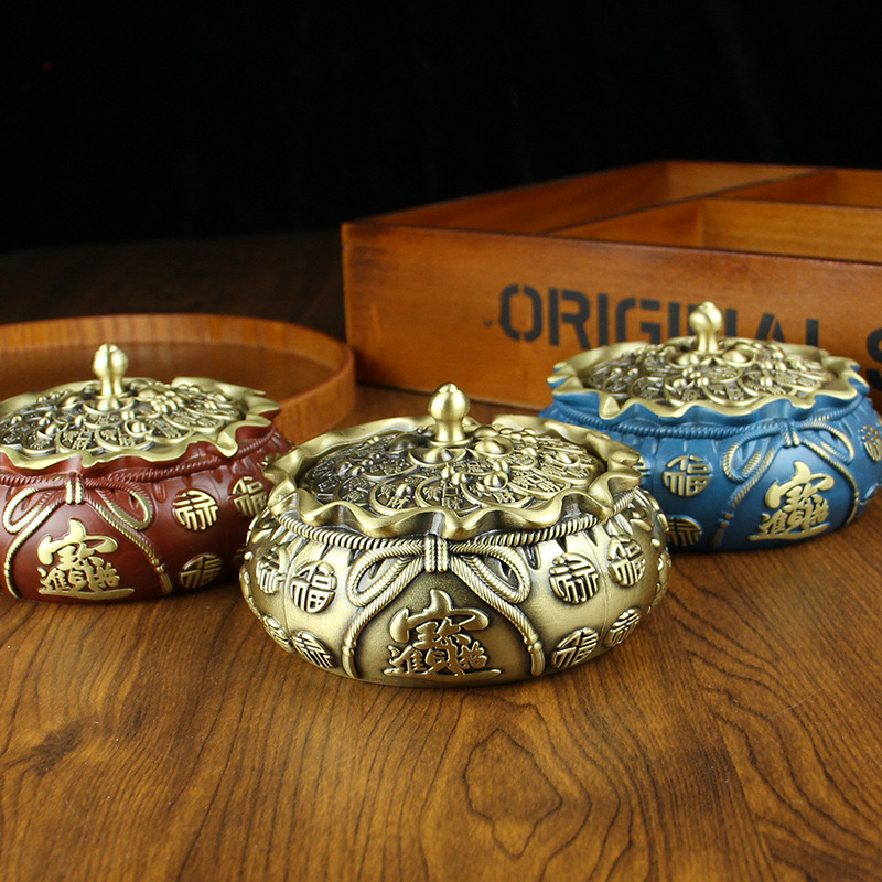 纯黄铜烟灰缸家用客厅中式时尚带盖防风烟缸创意大号烟缸摆件礼品