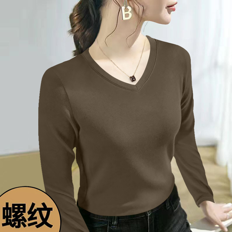 秋冬季纯色修身V领T恤长袖2024女士时尚内搭显瘦螺纹打底衫上衣潮