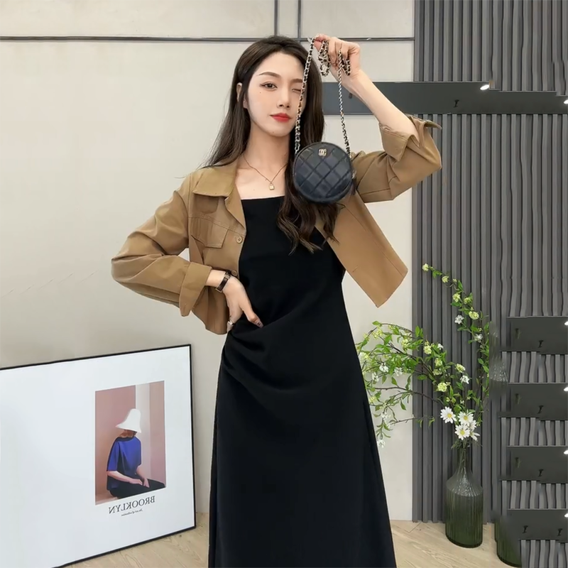 秋季新款百搭短款气质女装衬衫吊带裙时尚套装中长款显瘦两件套