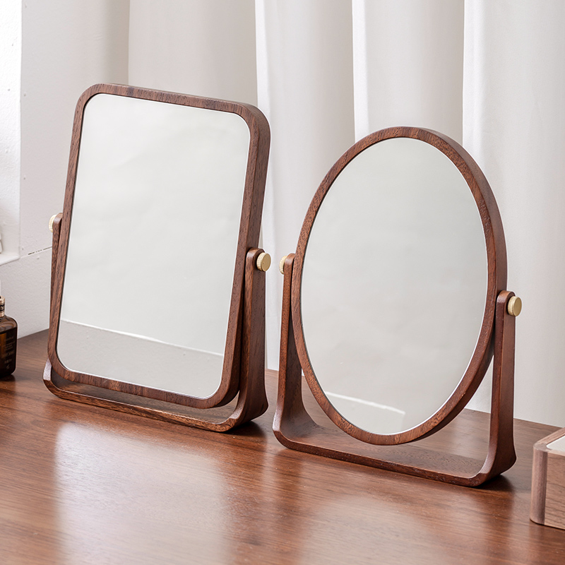 胡桃木化妆镜高清家用台式镜子梳妆镜360度旋转无需调节不滑牙