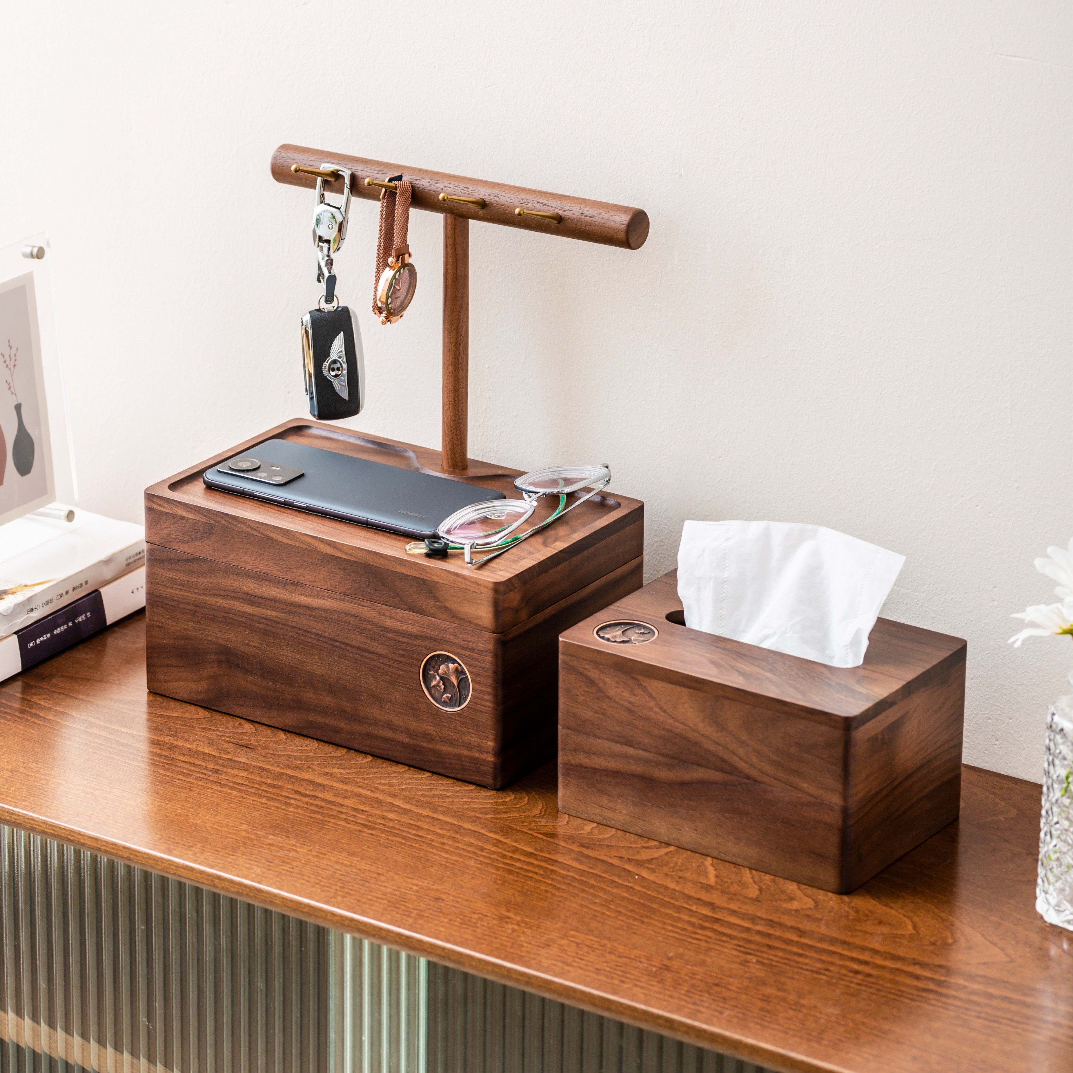 黑胡桃木钥匙收纳架收纳盒抽纸盒托盘遥控器收纳酒柜玄关柜摆件