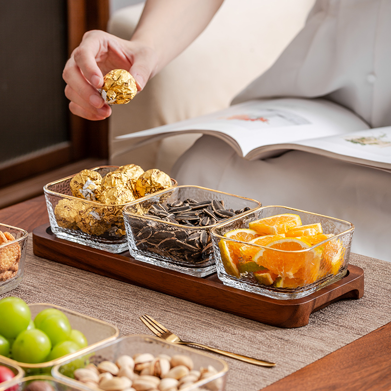 胡桃木托盘带金边锤纹精致玻璃碗暖冬煮茶围炉煮茶网红餐盘长托盘