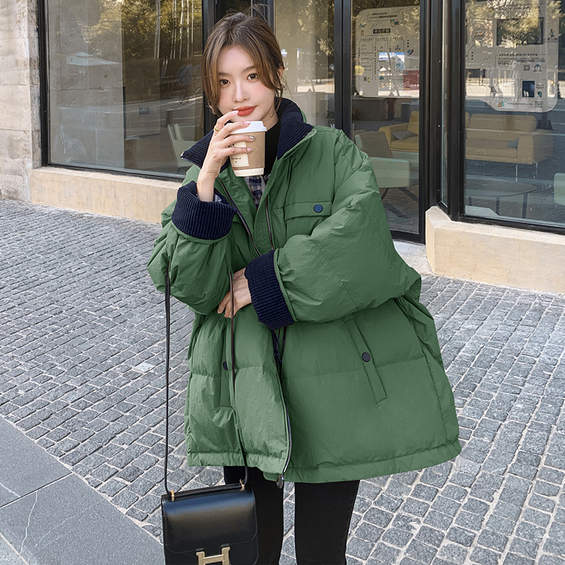 绿色立领羽绒服女冬季2025年新款韩版抽绳收腰显瘦加厚白鸭绒外套