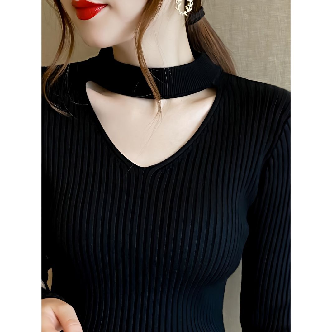 挂脖打底衫女秋冬内搭2024年冬季新款黑色毛衣加厚v领针织衫上衣