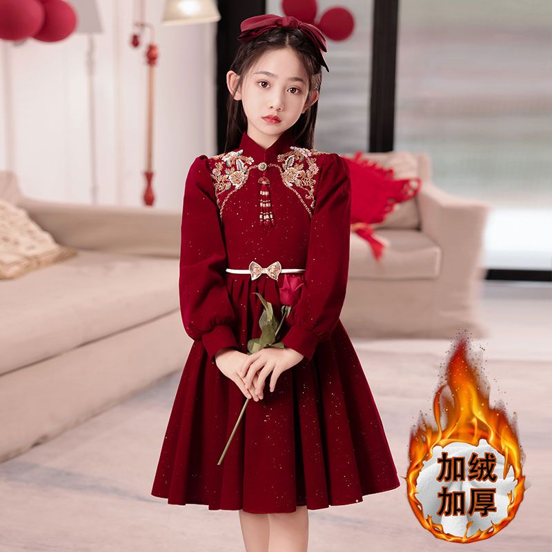 女童秋冬礼服连衣裙2026新款中国风儿童新年装拜年服加绒过年裙子