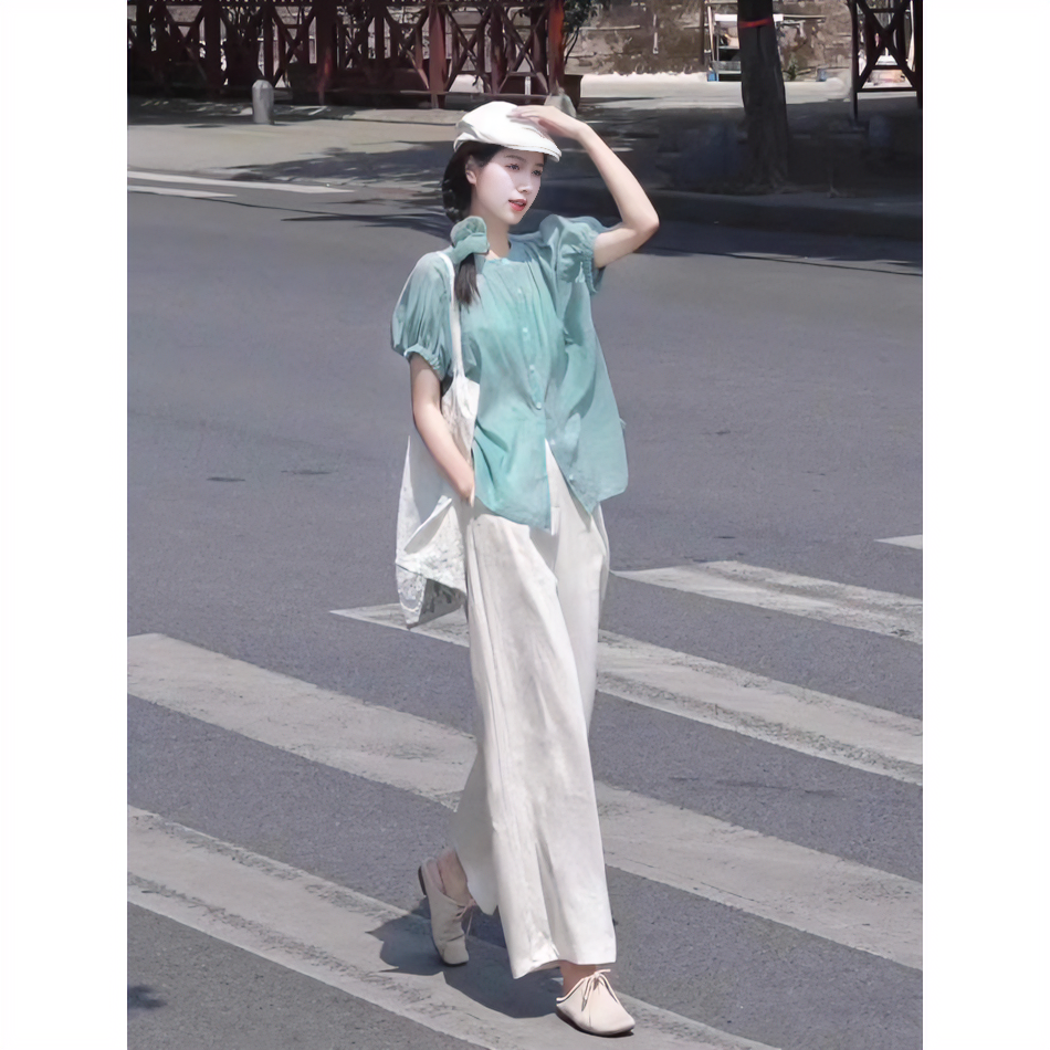 蓝色短袖上衣阔腿裤两件套小个子气质轻熟职业减龄盐系穿搭套装夏