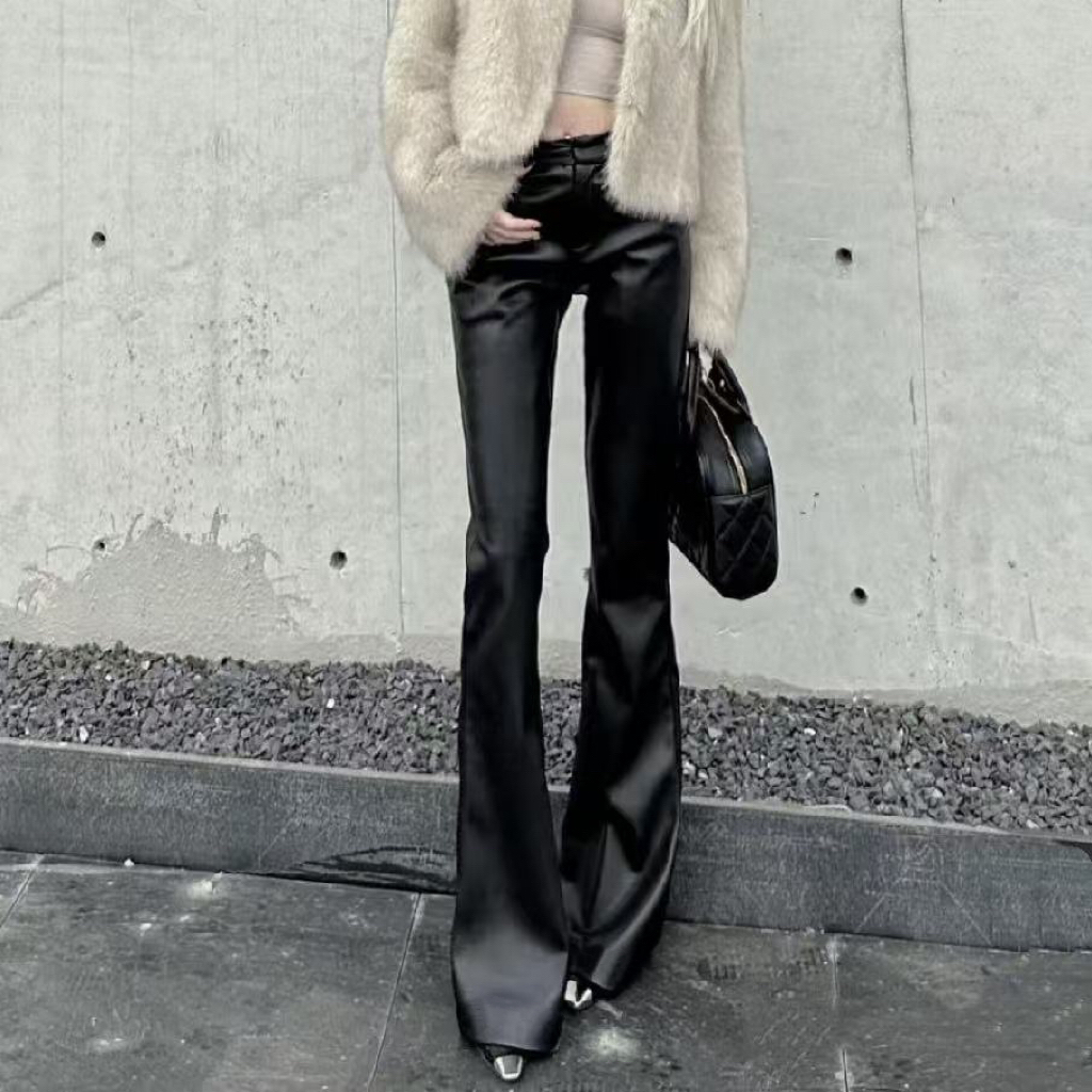 81075-【微喇加绒皮裤】冬季新品收腰显瘦不贴腿显腿长休闲微喇皮裤