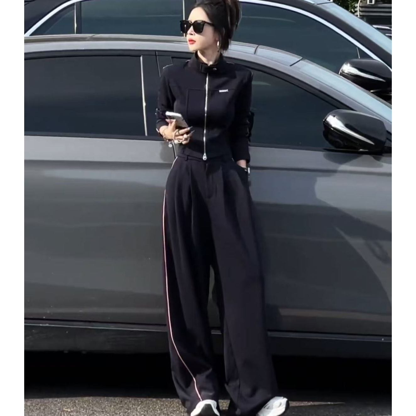 2025春秋新款休闲气质时尚运动套装高级感修身立领高贵上衣阔腿裤