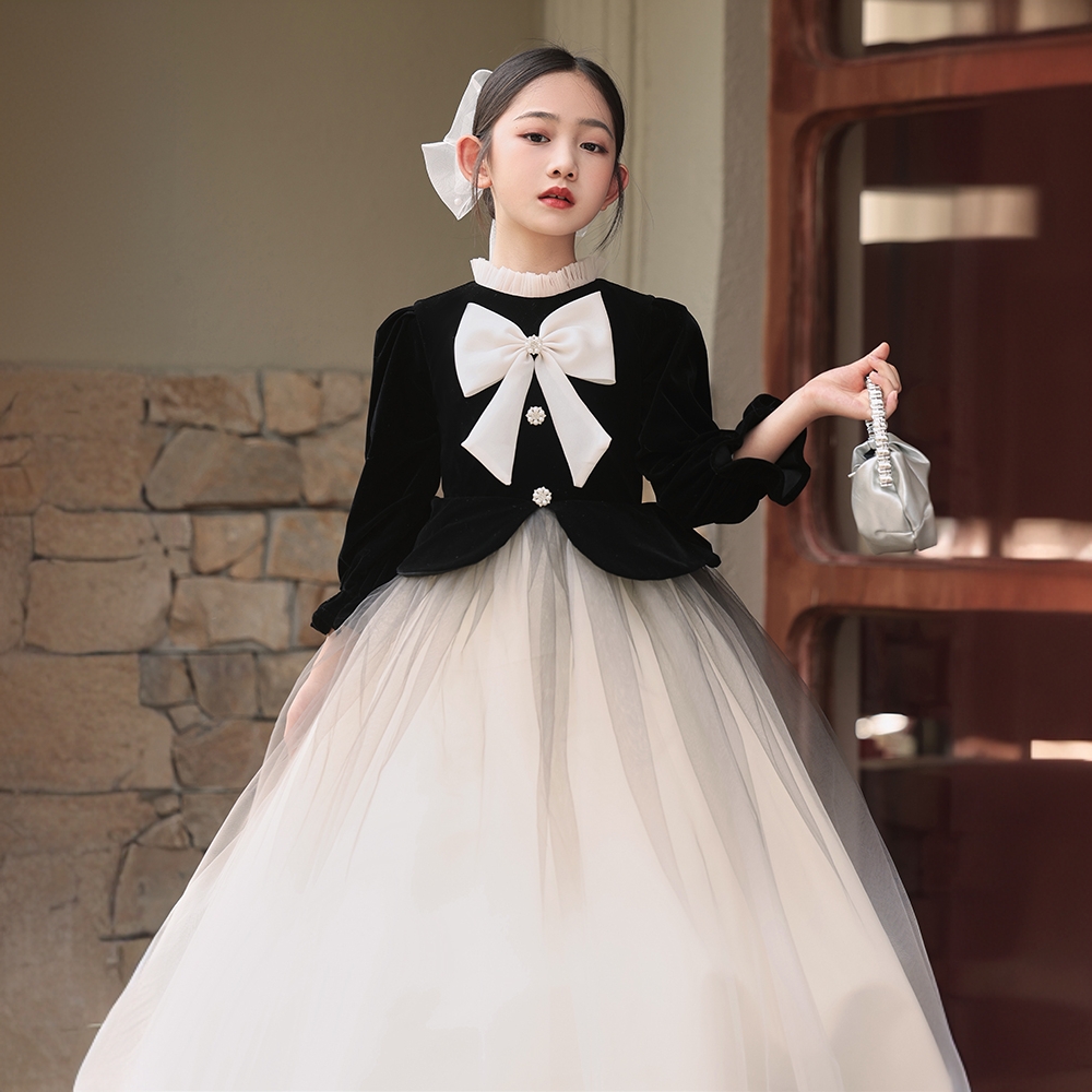 儿童晚礼服黑色生日公主裙花童婚礼女童儿童礼服公主裙秋冬款