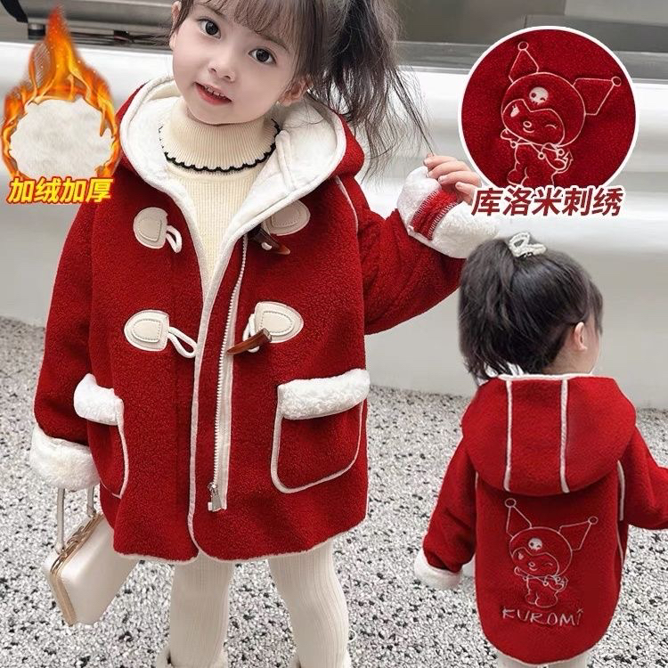 女童羊羔绒外套秋冬新款一体绒儿童红色过年装冬季加绒年服中长款