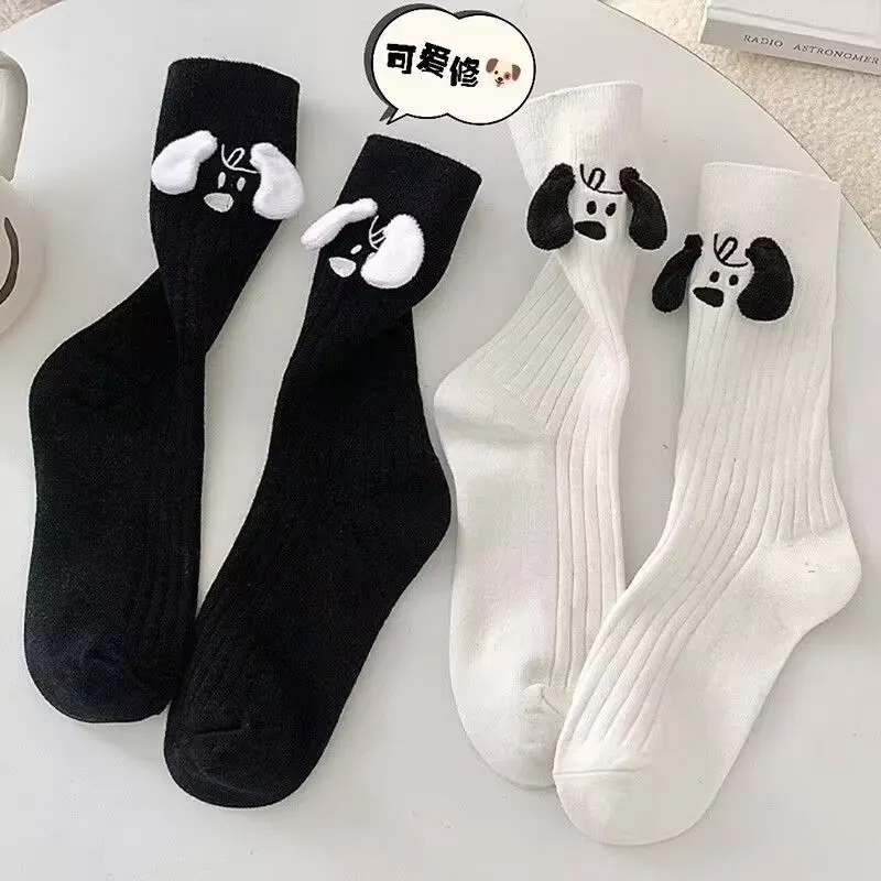 黑白立体透气玩偶袜子女黑耳朵小狗中筒袜竖纹堆堆袜学生长袜