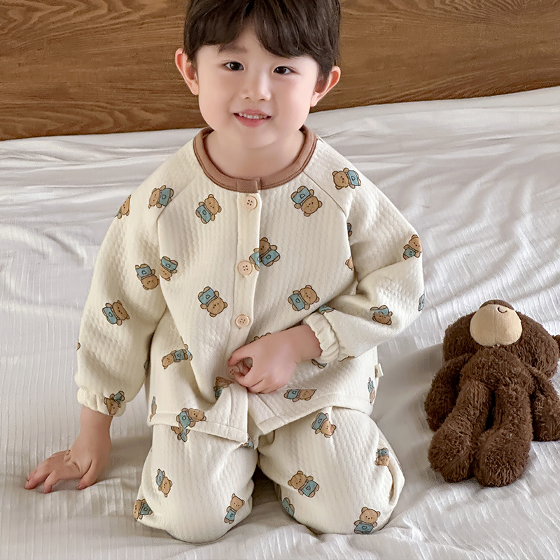 儿童家居服秋冬季加厚夹棉纽扣款宝宝睡衣男女童长袖开衫保暖套装