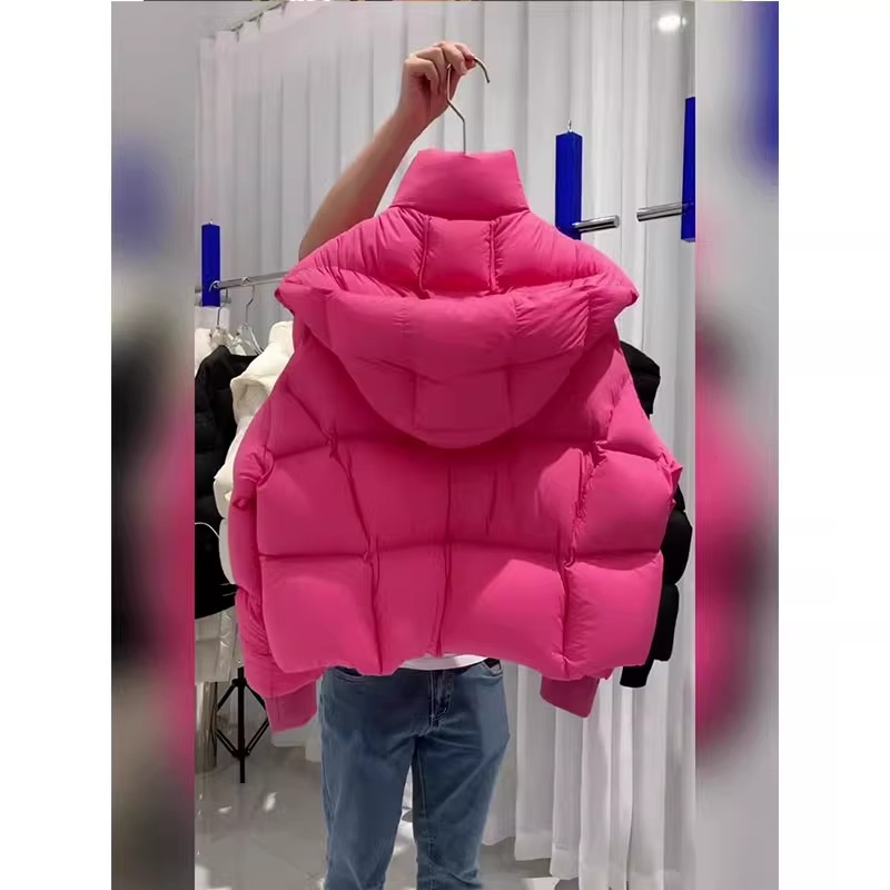 高级感超好看玫红色连帽短款棉服女冬季2025年新款韩系面包服外套