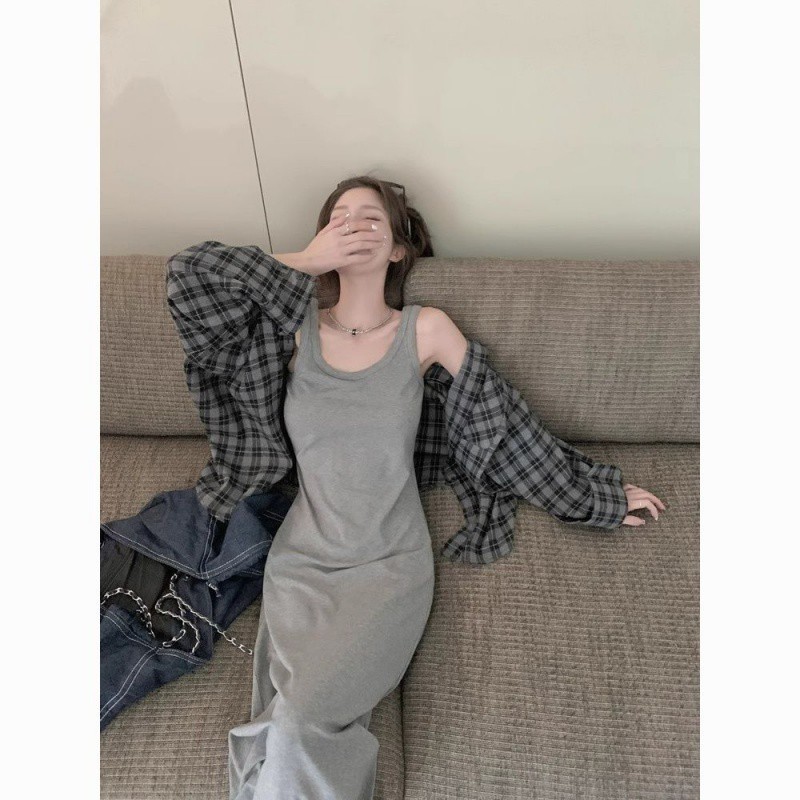 韩系灰色吊带连衣裙女夏季无袖背心裙子小个子收腰显瘦a字裙长裙