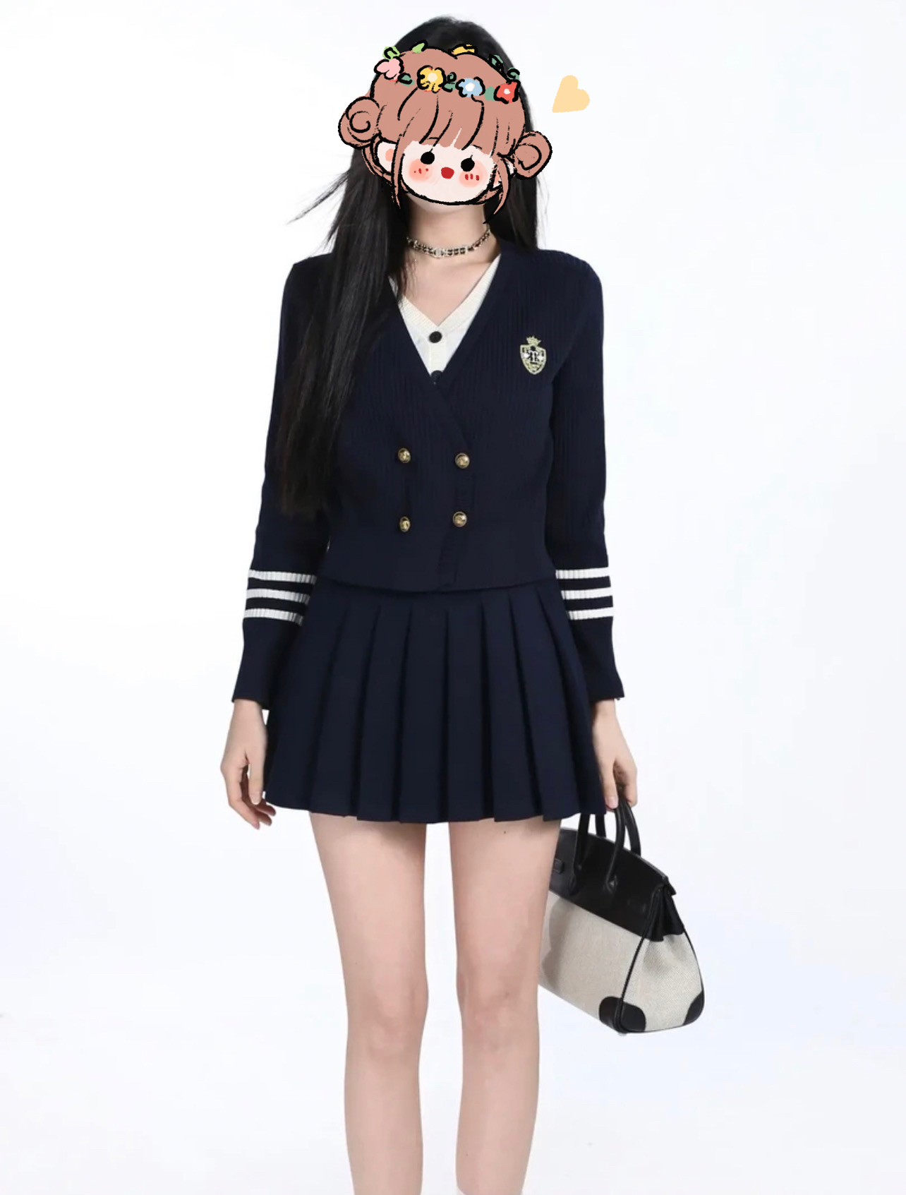 「流浪丹宁」气质穿搭套装女2025减龄学院风针织衫+百褶短裙两件套