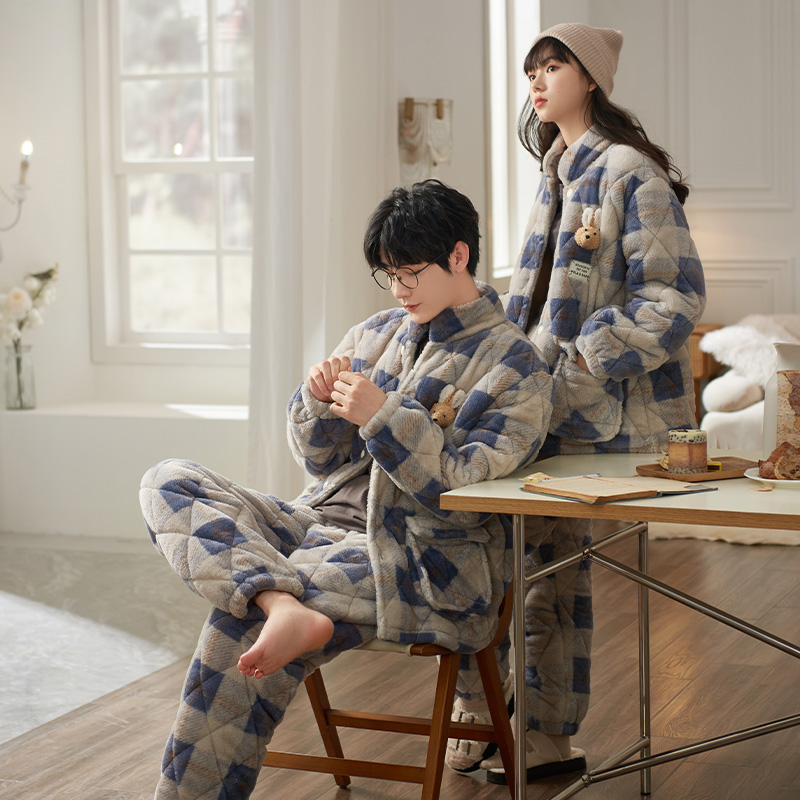 马克公主情侣睡衣冬款三层夹棉加绒女珊瑚绒加厚家居服男格子套装