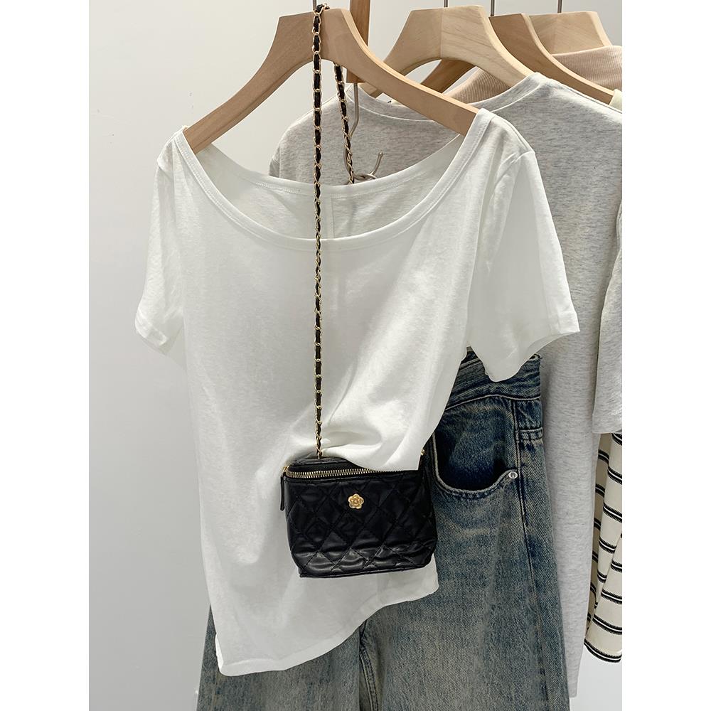 雪千羽露肩大领口短袖T恤女夏季2024新款时尚洋气雪花棉纯色上衣