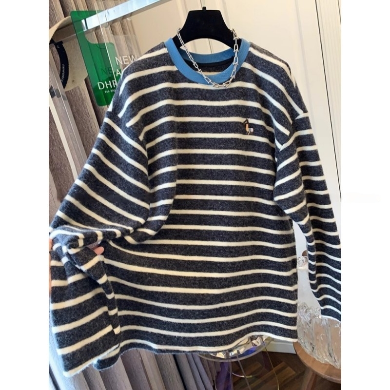 大码胖MM慵懒风软糯加厚条纹T恤女2025秋冬宽松大版打底保暖上衣