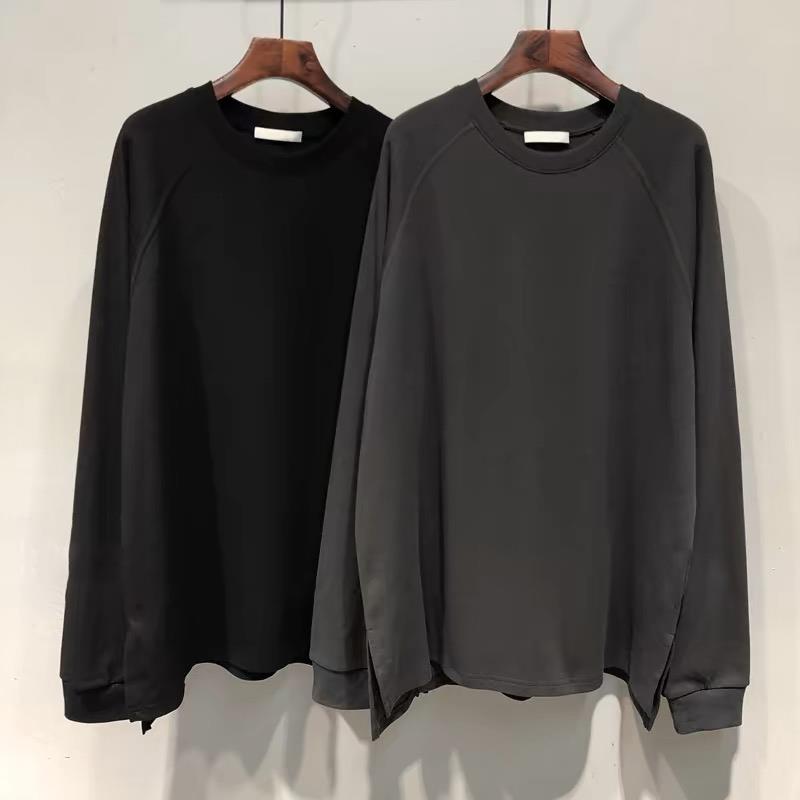 雪千羽大码女装2025早秋新款纯色双侧开叉宽松纯棉长袖T恤衫上衣