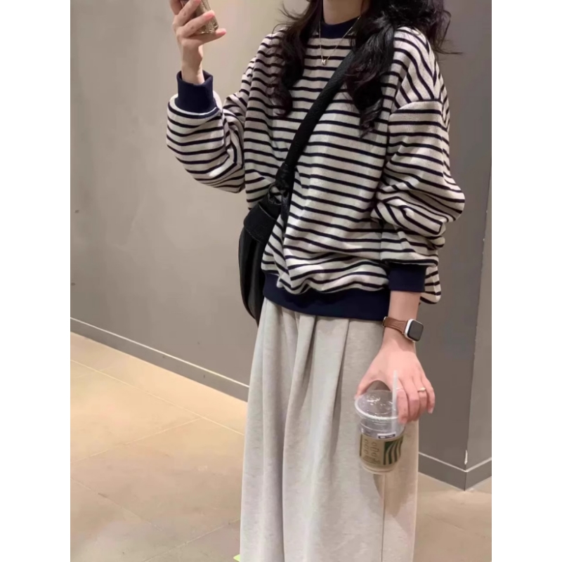 复古条纹圆领卫衣女春秋2025新款爆款大码宽松设计感休闲外套上衣