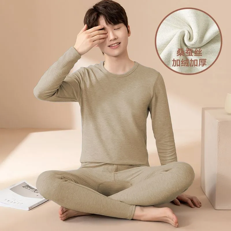 青少年男士羊绒蚕丝保暖内衣套装德绒加厚秋衣秋裤套装内衣打底衫