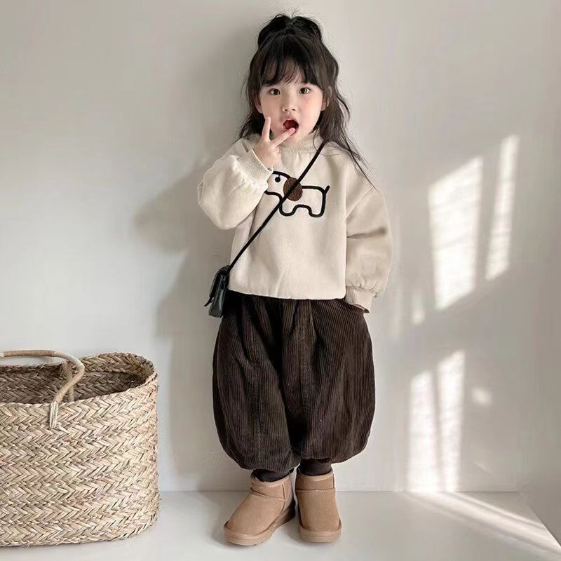 2025冬款套装韩版男女童宝宝百搭加绒加厚洋气刺绣上衣儿童束脚裤