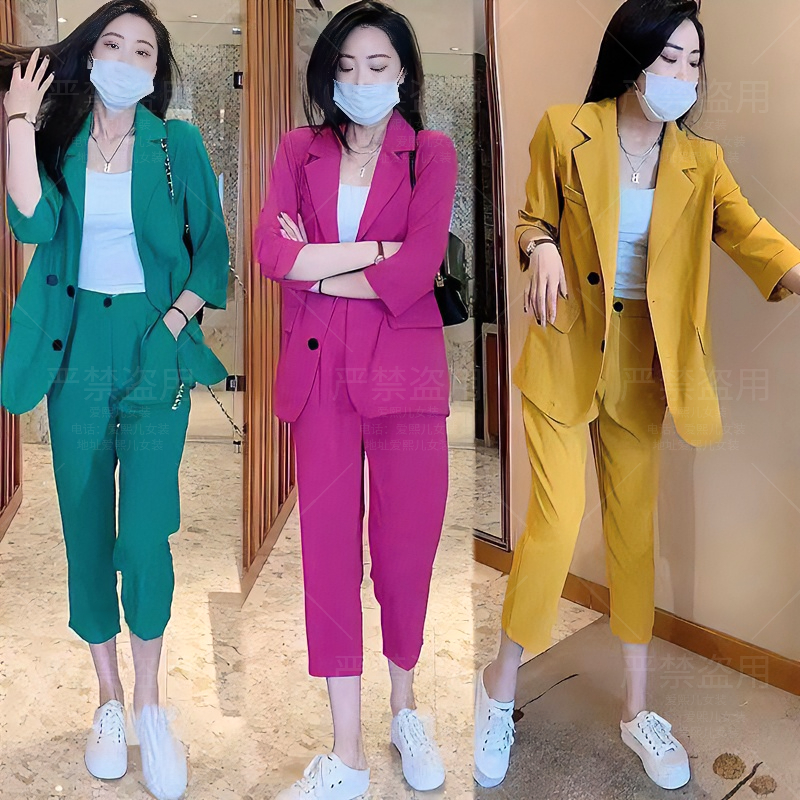 大码西装套装女2025新款韩版时尚气质后背开叉休闲九分裤两件套