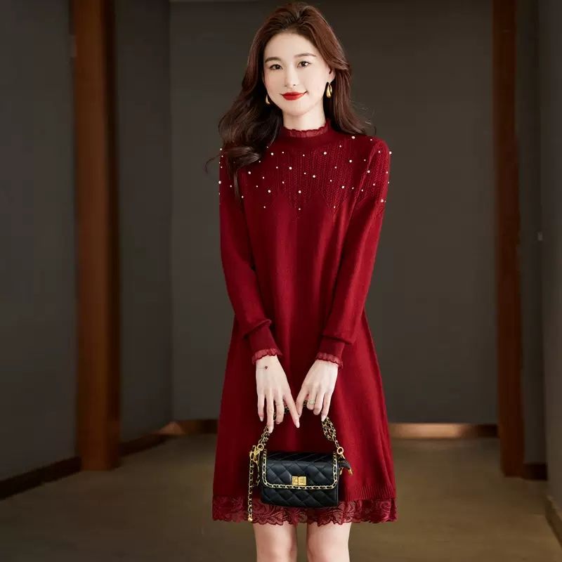 蕾丝针织连衣裙女秋冬2024年气质新款小个子打底内搭中长款毛衣裙