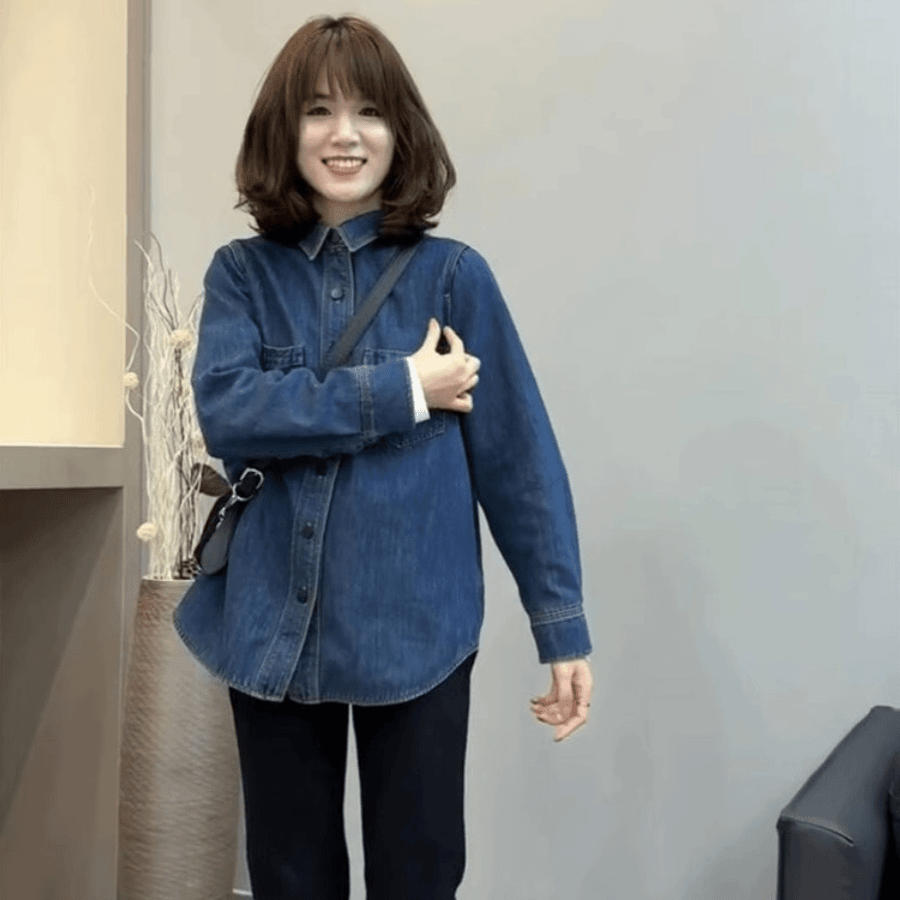 不卷边深蓝色软牛仔衬衫女秋季内搭叠穿小个子衬衣法式复古上衣