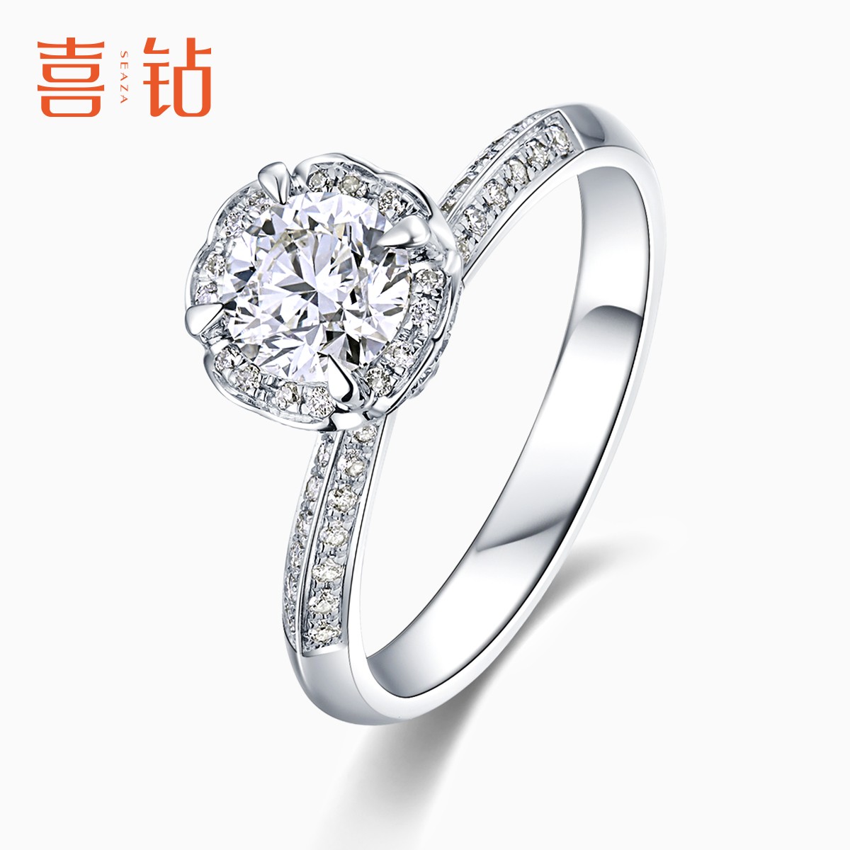 喜钻官方旗舰店 手捧花钻戒群镶显钻18K金钻戒求婚钻石戒指R16589