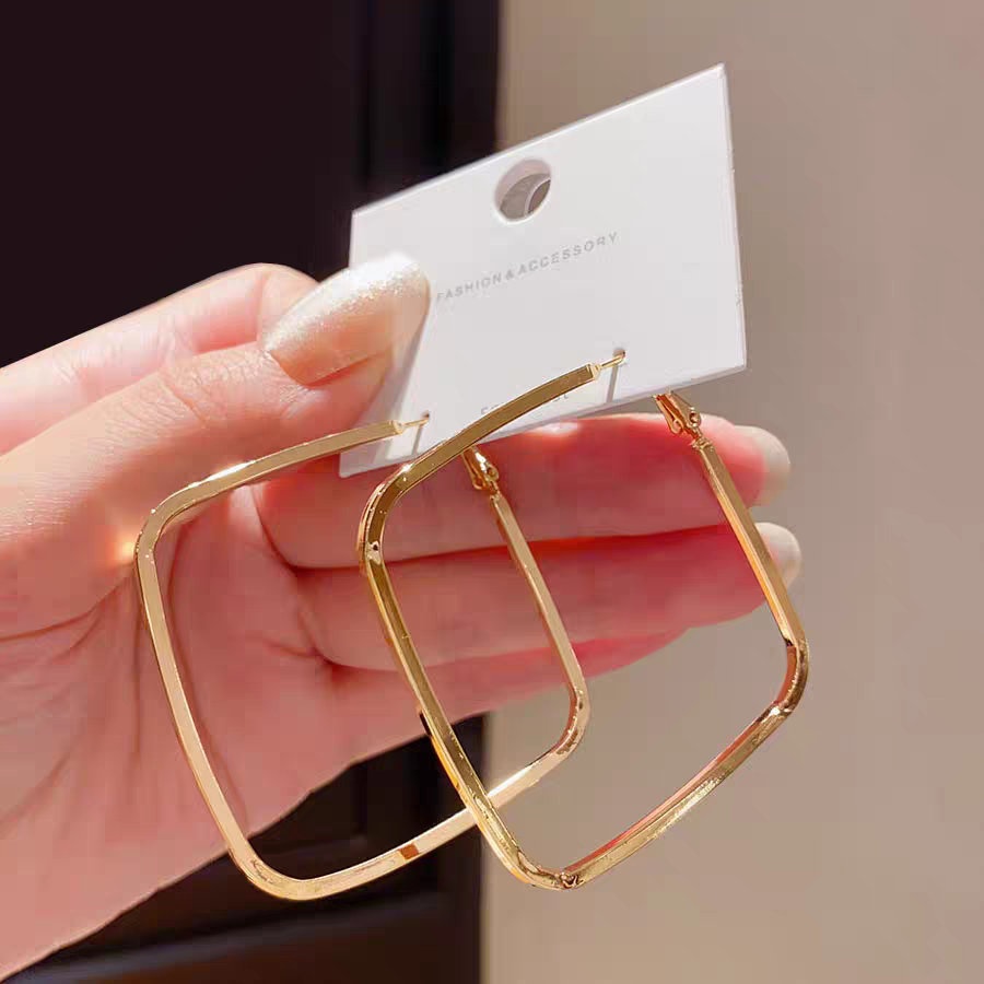 铁合金耳饰 高级感个性几何夸张正方形耳圈时尚百搭耳环气质金色