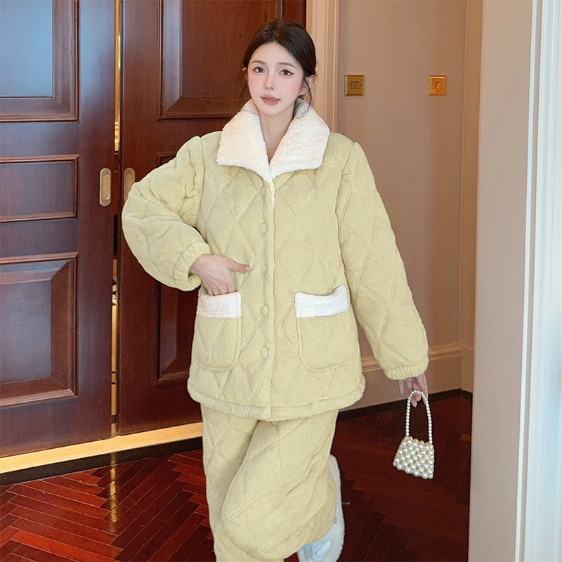冬季保暖加绒加厚甜美棉袄套装家居服珊瑚绒三层夹棉荷叶边睡衣女