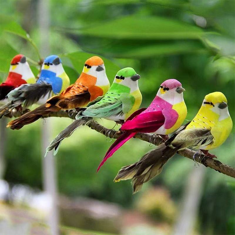 高仿真小鸟花园庭院客厅摆件幼儿园装饰材料七彩小鸟盆栽园林装饰